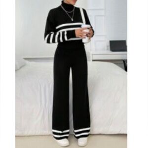 SHEIN Black and White Contrast Wide Leg Pants